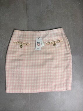 Chic Pink Gingham Mini Skirt with Gold Chain Trim